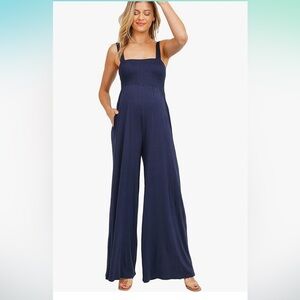 Hello MIZ Navy Smocked Square-Neck Wide-Leg Jumpsuit
